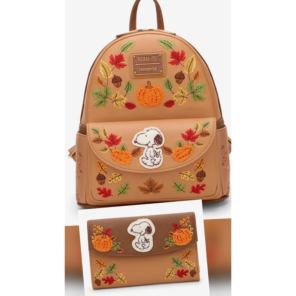 NEW Loungefly Peanuts Snoopy Fall Autumn Foliage Chenille Backpack & WALLET Set